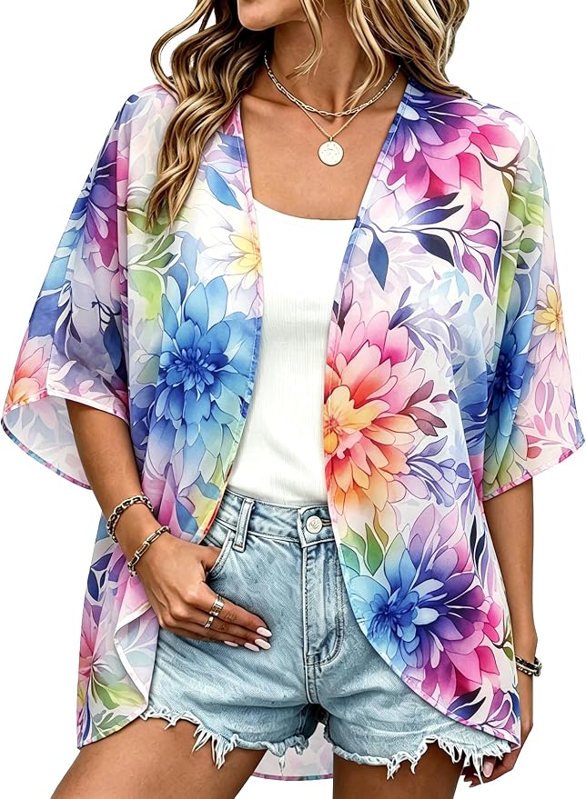 Women Kimono Cardigans Summer Cover Up Hawaiian Shirts Floral Print Tops | ROSEMIA chiffon kimono open front cardigans, beach cover ups, daily casual tops, cruise outfits, summer resort wear