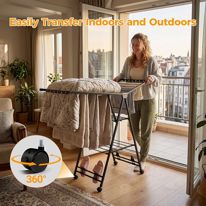 Clothes Rack, 3-Tier Drying Hanger, for 30 Pieces+, Foldable and Space Saving, Portable, Indoor or Outdoor Use, Solid Metal Clotheshorse, Nice for Mum, Gray(1.6 m Wing Length)