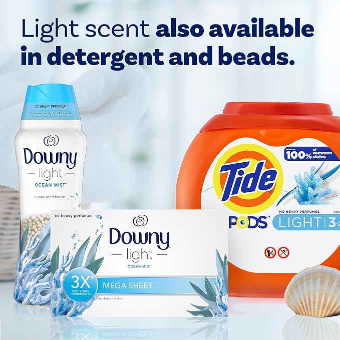 Downy Light Mega Dryer Sheets, Laundry Fabric Softener, Ocean Mist, 130 Count