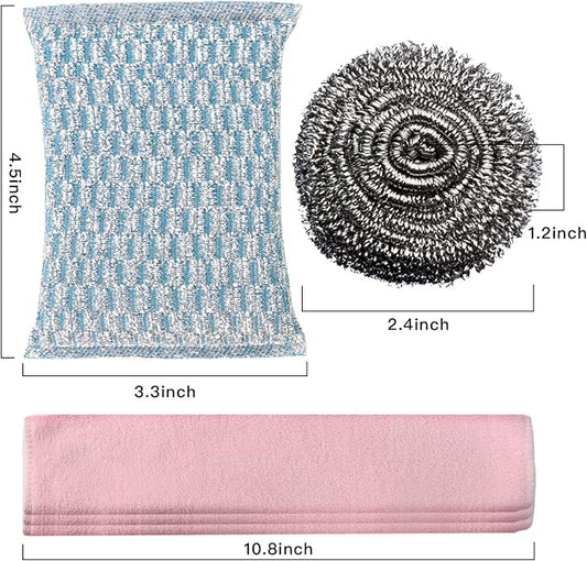 6pcs Stainless Steel Scrubber 2pcs Heavy Duty Scrub Sponges 1pcs Dish Clean Towel for Kitchens Bathroom and More