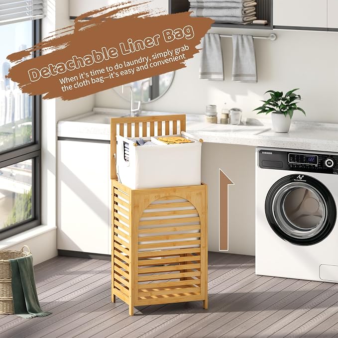 Laundry Hamper with Lid (16.9 * 13 * 26.5inches) Large Bamboo Laundry Bin Basket 85L Clothes Hamper with 1 Removable Bag Storage baskets for Bathroom(Natural)