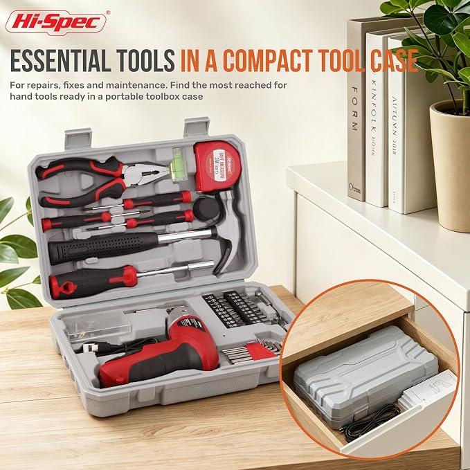 Hi-Spec 4V USB Electric Screwdriver Tool Kit for Home Repairs, Red | 42pc, fast assembly help, common screw bit selection, LED visibility, compact grip, quick household fixes, organized storage