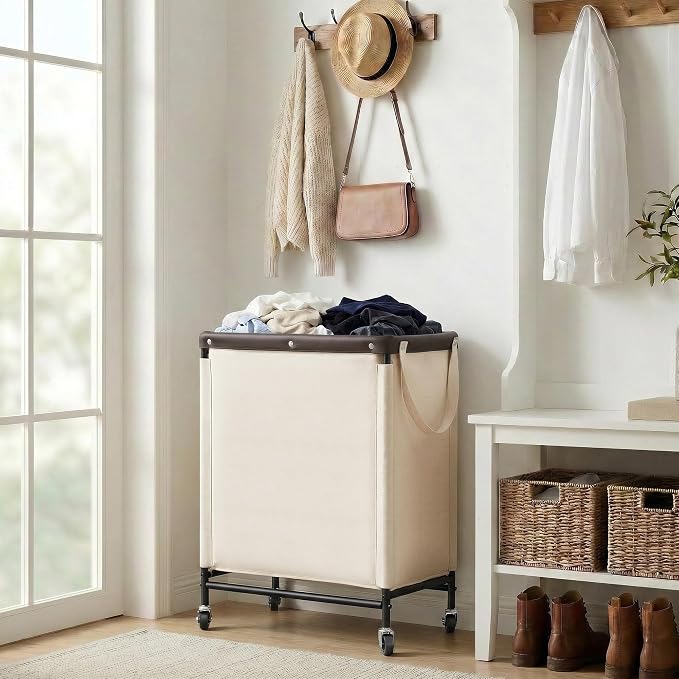 StorageWorks 2 Section Laundry Hamper, 100L Beige Sorter Cart with Wheels