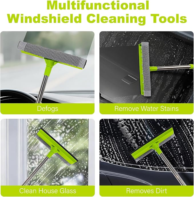 Window Squeegee with 15.7"-27.5" Retractable Stainless Steel Handle, 2-in-1 Windshield Cleaner Tool for Cars, Trucks, Glass Doors, Shower Glass, Outdoor Windows – Window Cleaner (Green)