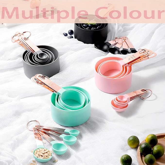 Rose Gold Stainless Steel Handle Measuring Cups and Spoons Set, 8 Piece Stackable Accurate Tablespoon for Measuring Dry and Liquid Ingredients Small Teaspoon with Plastic Head (Grey)
