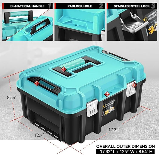Auto Dynasty 17-Inch Tool Box, 2Pcs Toolboxes Organizer Storage with Removable Tray and Portable Handle for Garage Workshop Home Office Car Trunk, Blue