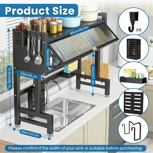 Over the Sink Dish Drying Rack – 3 Tier with Cover, Space-Saving Dish Drainer Organizer for Dishes, Glasses, Bowls & Cutlery, Tidy Kitchen Counter Storage Solution