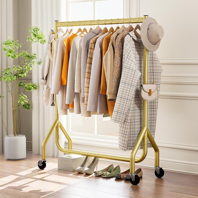 HYSEYY Clothes Clothing Rack, Rolling Heavy Duty Clothes Rack Load 420 LBS With Wheels, Metal Clothes Rack for Hanging Clothes, Portable Standing Clothes Garment Rack,Gold,48 inches