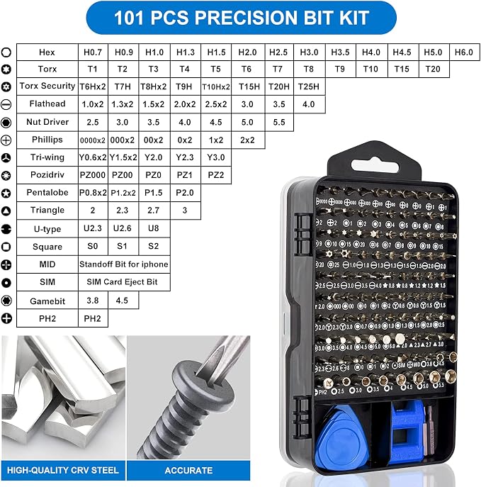 STREBITO Precision Magnetic Screwdriver Set 124-Piece Electronics Tool Kit | 101 Precision Bits, Electronics Screwdriver Set for Computer, Laptop, Cell Phone, PC, MacBook, iPhone, PS4, PS5, Xbox Repair