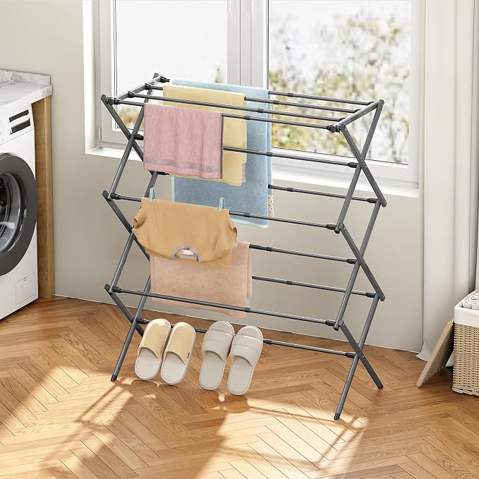 KINGBOARD 3-Tier Extendable Clothes Drying Rack, Small & Foldable, Grey | 37.4"H x 33.8"W x 11.2"D, Space-Saving Collapsible, Easy Assembly, Rust-Resistant Iron Frame, Indoor Outdoor Use, 25lb