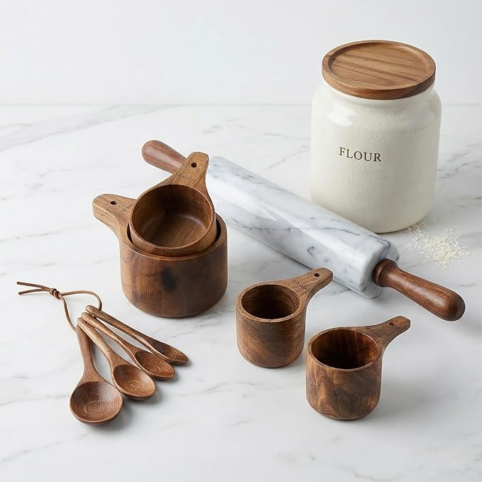 8PCS Wooden Measuring Cups and Spoons Set, Kaloo Natural Solid Acacia Wood Measuring Cups for Dry and Liquid Ingredients (Laser Engraved Measurements)