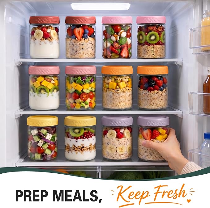 Overnight Oats Containers with Lid, Overnight Oats Jars, Glass Jar with Lid | 6 Pack Air Tight Overnight Oats Jars, Chia Pudding Glass Jars with Lids, Parfait Cups with Lids, Sugar Bowls for Yogurt