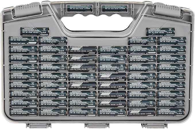 Battery Daddy Storage & Organizer Case w/Tester, Stores & Protects Up to 180 Batteries, Double-Sided, Clear Locking Lid, Secure Latches & Portable Carrying Handle- Warm Grey (Batteries Not Included)