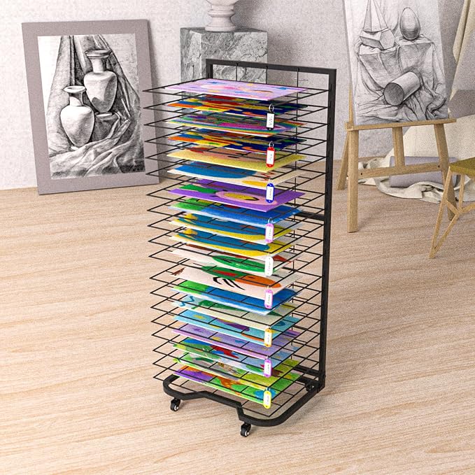 Art Drying Rack for Classroom,Paint Drying Rack On Wheels with 19 Removable Shelves,Study Metal Art Storage Rack for Art Studios,Schools