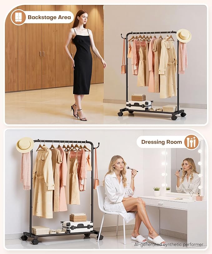 Homde Rolling Clothes Rack with Hooks: Standing Garment Storage for Indoor - Hanging Rod for Bedroom Laundry Room - Coat Dress Organizer on Wheels with luggage shelf (Black, 31.5")