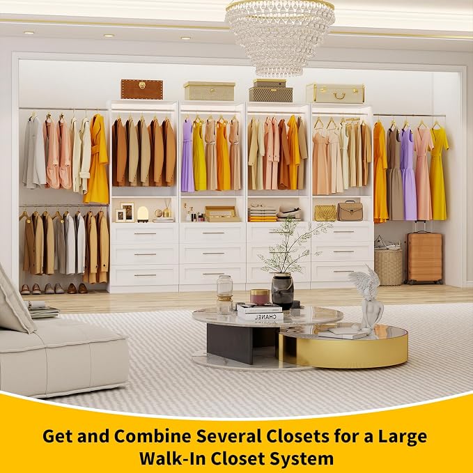 Closet System with 6 Drawers, 4FT-10FT Closet Organizer System, Closet Systems for Walk in Closets with 4 Hanging Rods & 2 Shelves, Modular Custom Closet Organizer Storage System, 2 Sets, White