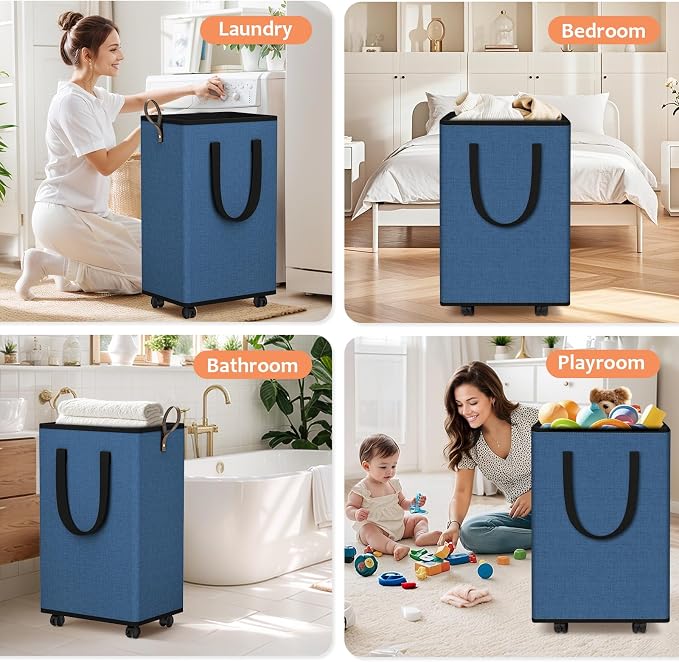SpaceTrove Rolling Laundry Basket with Wheels, Laundry Hamper, 100L, Navy | Collapsible, 4 detachable wheels including 2 with brakes, sturdy handle, metal frame, for dorms, bathrooms and bedrooms