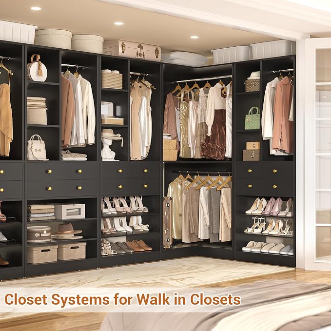Besiost Closet System with 4 Drawers and Hanging Rods, 59.5"L / 87"L Closet Organizer System with Corner Tower, L Shaped Walk-in Closet System, Corner Closet System with Shelves, Set of 3, Black