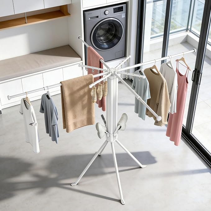 Clothes Drying Rack Foldable, 4-Leg Base, 16 Clips, 4 Shoe Holders | Holds Up To 88 lbs, Rust-Resistant, Quick Fold, Fits 90°/180°/270° Corners, Independently Extendable Rods