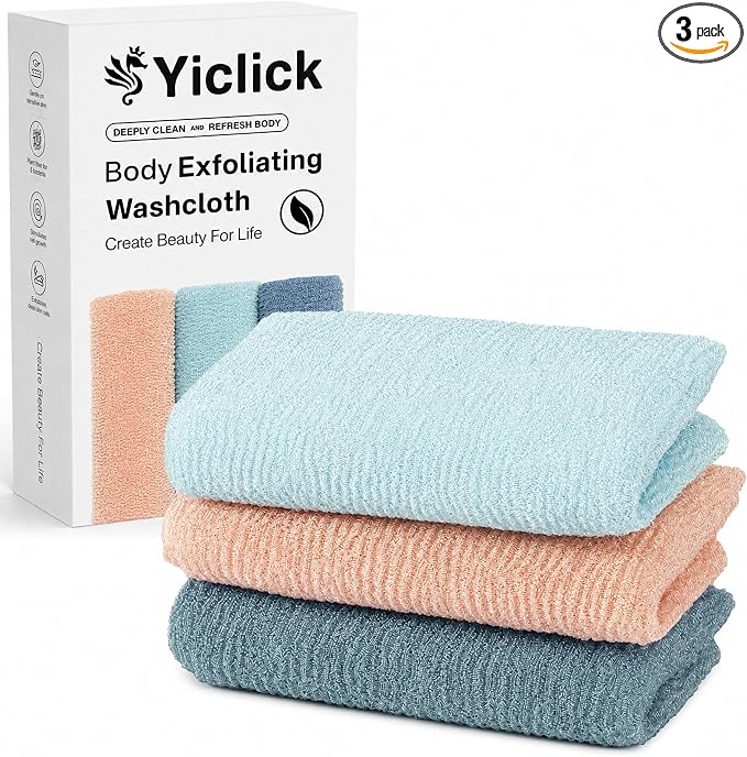 3 PCS Exfoliating Washcloth Towels - Exfoliating Body Scrubber Exfoliator, Back Scrubber for Shower Bath Use, Japanese & Korean Scrub Wash Cloths, Loofah Lufa Sponge Washer for Women Men