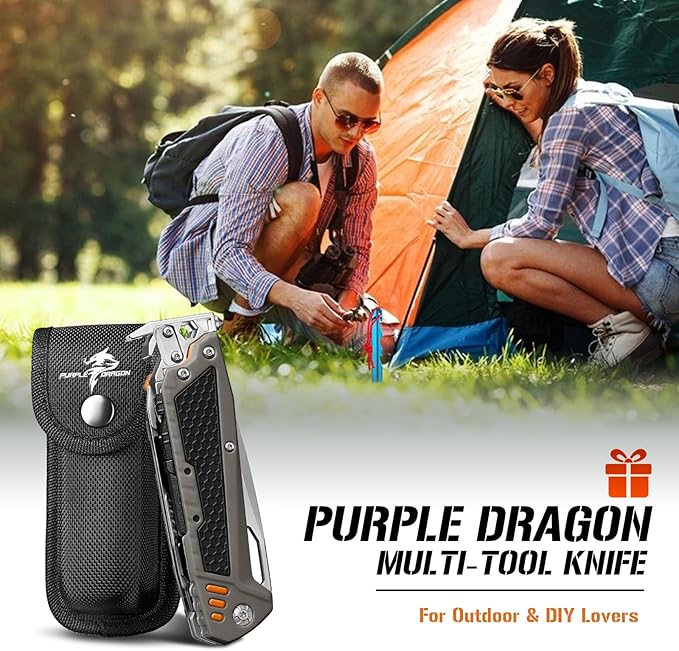Purple Dragon Multitool, 13-in-1 Pocket Knife with Sheath Grey | Stainless Steel, Auto Lock, Gift Box, Pocket Size, Perfect for Camping, Hiking & Outdoor Use
