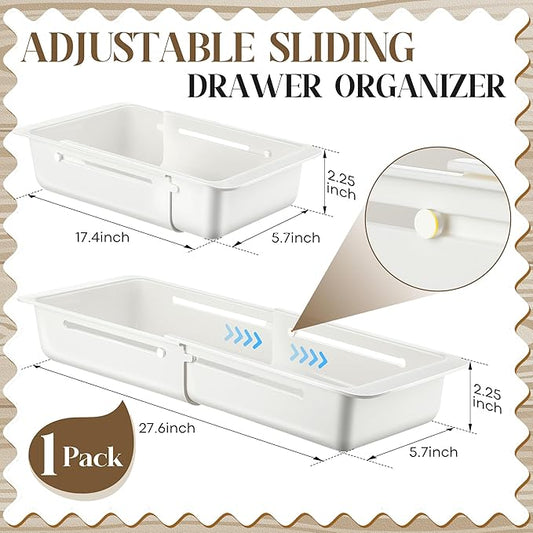 1 Pack Deep Drawer Organizer Bins, Sliding Drawer Organizer Bin Expandable and Adjustable Tray for Kitchen Utensils, Towels, BBQ Tools, Durable Plastic Sliding for Easy Storage (17.4-27.6")