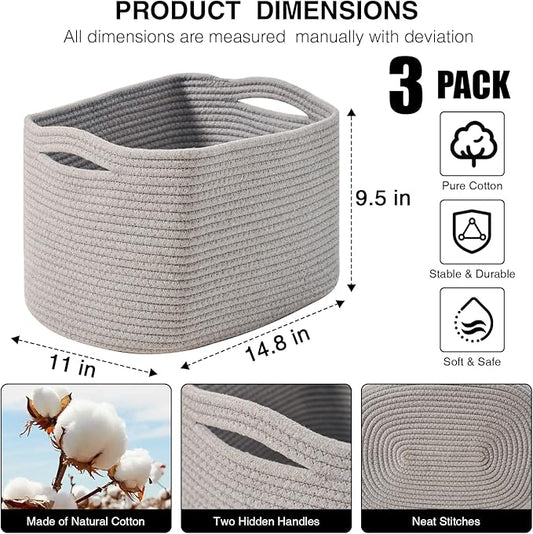 Grey Storage Baskets for Organizing Shelves, Woven Cotton Rope Basket for Storage, Gray Baskets for Toys, Cute Shelf Basket for Living Room Bedroom, 14.8"×11"×9.5", Pack of 3, Grey