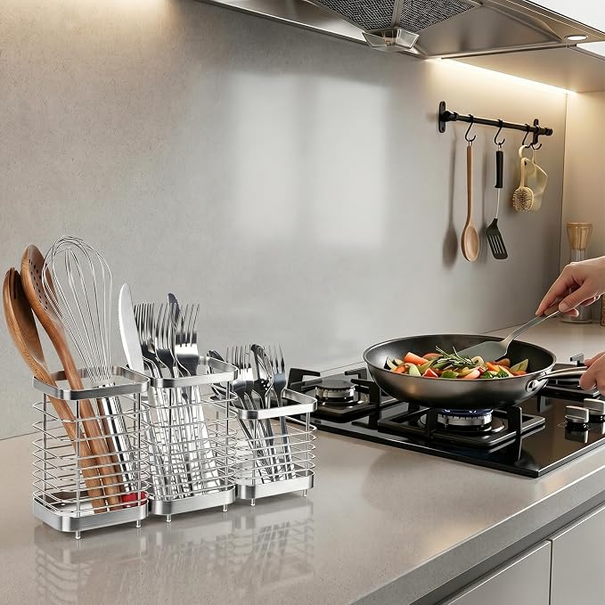 Utensil Holder, Stainless Steel Utensil Drying Rack for Kitchen Counter, Silverware Cutlery Flatware Holder Forks, Knives, Spoons, Chopsticks Organizer (2 Large and 1 Small)