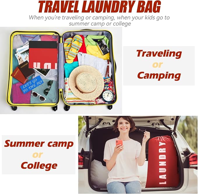 Laundry Bag, 2 Pack Travel Laundry Bags for Dirty Clothes, Large Laundry Bags for Camping & Traveling, Dirty Clothes Travel Bag, 24" x 36" (Black + Red)