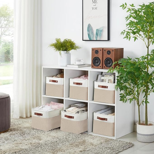 DECOMOMO Storage Baskets for Shelves - Fabric Storage Bins, Linen Closet Organizers and Storage (Beige & White, Large - 3 Pack)