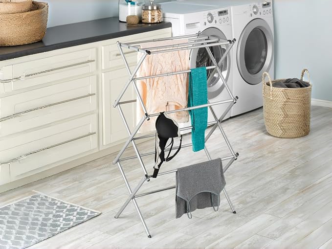 Expandable Drying Rack with 11 Bars & Top Shelf, Heavy Duty Steel Accordion Design, Space Saving Foldable Clothes Drying Rack for Indoor/Outdoor, No Assembly Required (17”-27.75”)