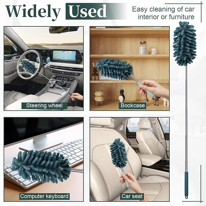 2 PCS Car Interior Duster with Extension Pole, Dusters for Cleaning | Microfiber Car Dusters with Bendable Head, Duster Interior & Exterior Scratch Free for Vehicle, Offices, Window (Nude Blue)