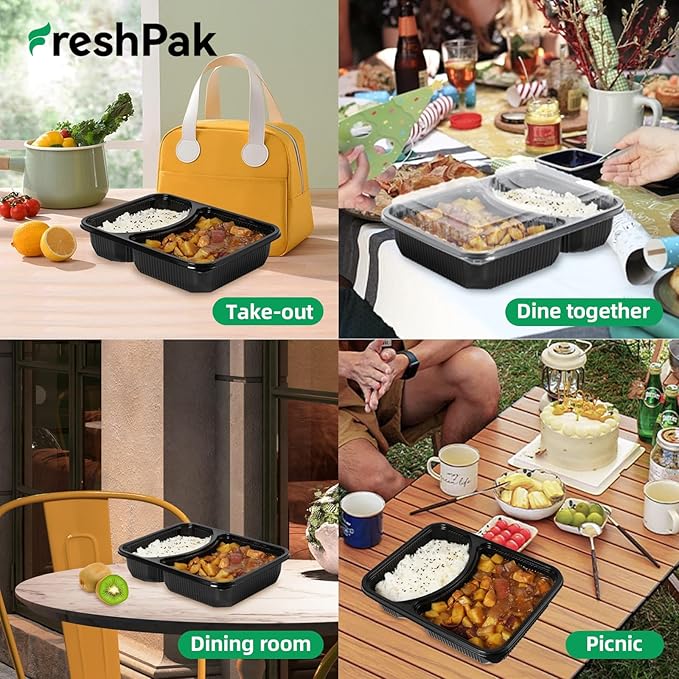 40 Pack 41oz Meal Prep Containers - Shrink Wrap Ready To Use | Reusable Leakproof 2 Compartment To Go Boxes | BPA-Free, Microwave & Freezer Safe | Portion Control Takeout Food Storage