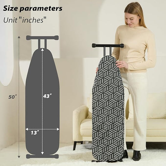 caius Ironing Board with Extra Thick Heavy Duty Padded Cover, Full Size Iron Board, Full Metal Construction, Easy to Fold, Adjustable Height (43x13in Black)