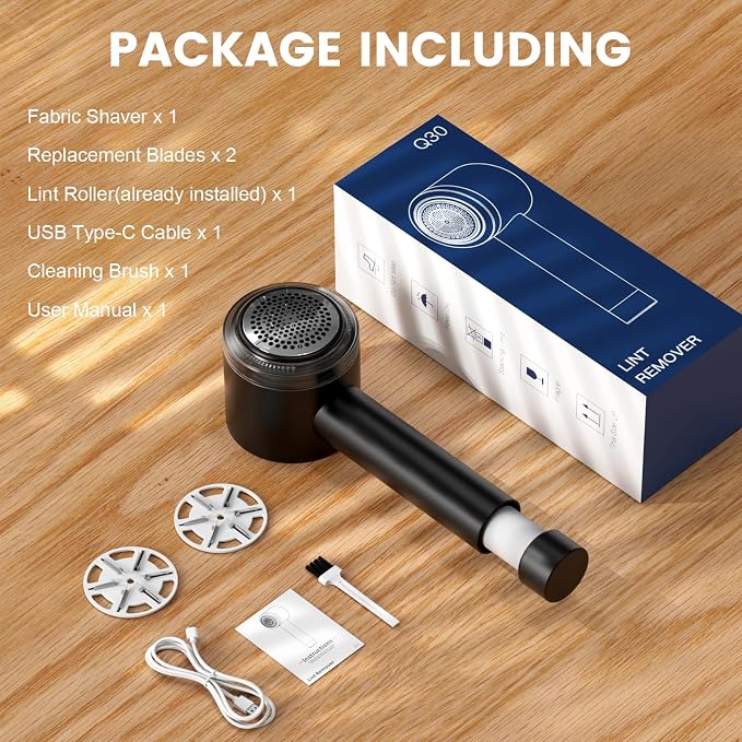 Rechargeable Fabric Shaver Defuzzer with Lint Roller, 2 Extra Blades, Black | Sweater Shaver, Electric Fuzz Remover, Magnetic Cap, Digital Display, for Clothing Furniture Couch