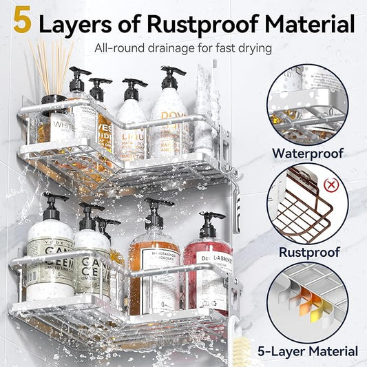 YASONIC Corner Shower Caddy Organizer, Self-Adhesive Rustproof Bath Shelves with Soap Holder & 4 Hooks, Large Capacity Shower Storage Rack for Bathroom Organization, (3Pack, Silver)