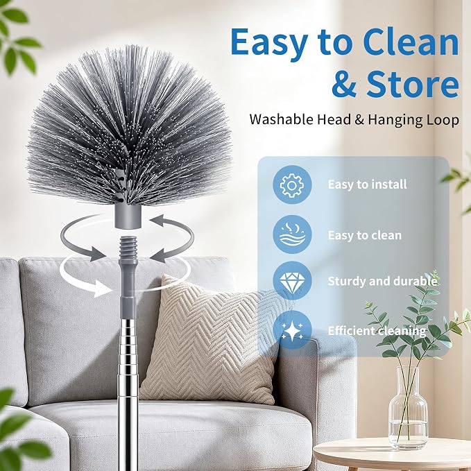 Cobweb Duster with Extension Pole, 90" Spider Web Brush, Grey | Cobweb duster with extension pole & stainless steel telescopic handle. For ceilings, fans & corners. Collapses to 15.7".