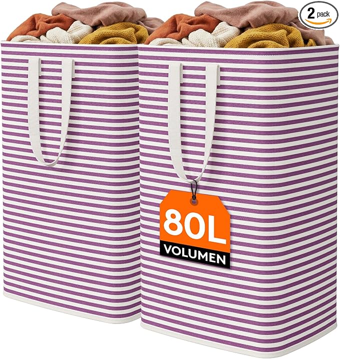 Lifewit 2 Pack Laundry Basket 80L Each, Collapsible Clothes Hamper with Reinforced Handles, Freestanding Waterproof Design for Bedroom and Laundry Room, Purple 160L Total