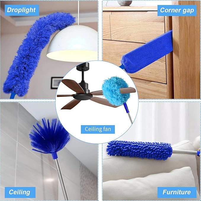 Duster with Extension Pole - Royal Blue | 6-in-1 Kit Dusters for Cleaning, Extendable Duster with 100 Inches, Microfiber Dusters for Ceiling Fans, Furniture, Blinds