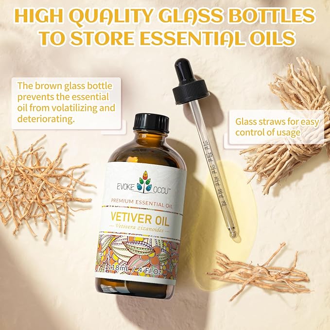EVOKE OCCU Vetiver Essential Oil for Skin, Diffuser, Aromatherapy | Strong Smell for DIY, Candle Soap Making Scent, Suitable for Room, Home, Office - 4 fl oz / 118 mL