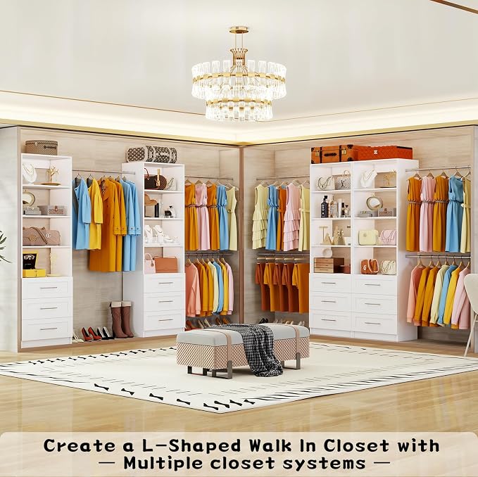Closet System with 9 Drawers, 8FT-20FT Custom Closet Organizer System Modular Walk in Closet Storage Wooden System with 12 Expandable Hanging Rods Adjustable Shelves 3 Sets White(8FT-20FT)