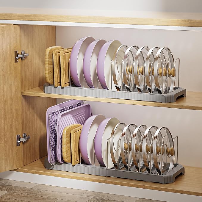 MUDEELA Pots and Pans Organizer under Cabinet, Pan Pot Organizer Inside Cabinet, Expandable 12.9''-21.88'' Pot Lid Organizer Holder with 12 Adjustable Dividers for Cutting Boards, Pan Lid Rack, Grey