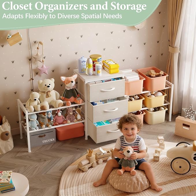 Expandable Closet Organizers and Storage,Wide Long 3 Drawer Dresser | White Fabric Storage Dresser, Clothes Shelves for Kids, Purse Organizer Small Shoe Rack for Closet Bedroom(47.24~71.47in)
