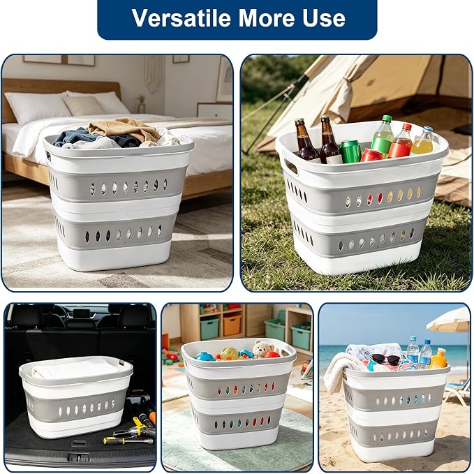46L/12 Gal Collapsible Laundry Baskets, Foldable Hamper with Handles, Plastic Pop Up Storage Container for Laundry, Home, Dorm, Travel - Gray/White, Set of 2