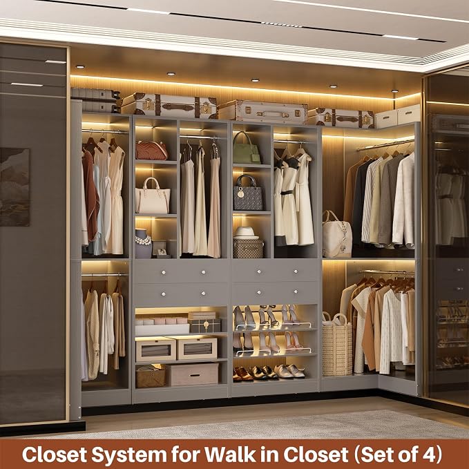 Besiost Closet System with 4 Drawers & Corner Tower, Closet Organizer System with 4 Hanging Robs, Reversible U Shaped Walk-in Closet System, Load 2600+LBS Capacity, Set of 4, Morandi Grey