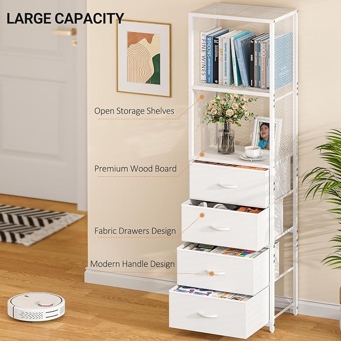 3IngSeagulls Closet Drawer Organizer, Freestanding Closet System with 4 Drawers, Walk-in Closet Storage Unit with Wooden Top & 2-Tier Shelves for Small Closets, Tall Bookshelf Storage Cabinet, White