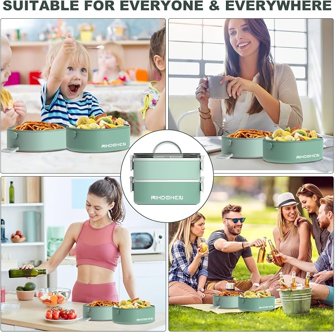 RIKDOKEN Lunch Box, Stackable 2 Layers Containers, Portable 64OZ Large Capacity Leakproof Bento Box with Spoon & Fork & Sauce Boxes, Microwave Safe Lunch Box for Kids and Adults