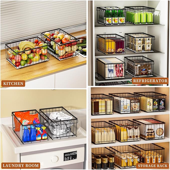 Large Freezer Organizer Bins, Upgrade Quick Expand/Collapse Feature, for 5-9 Cu.Ft Deep Freezer, 6 Pack Stackable Deep Freezer Organizer Bins, Black Wire Foldable Baskets (Black 6 Pack)