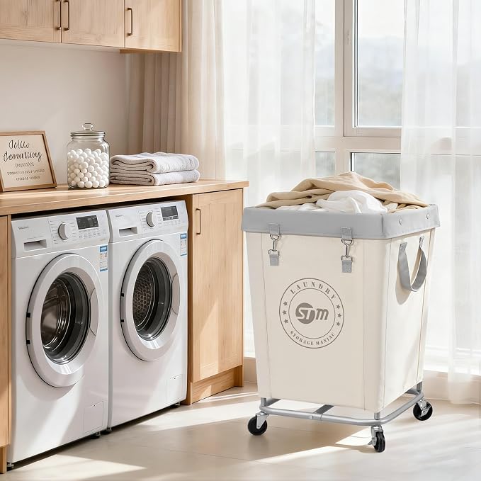 STORAGE MANIAC Commercial Laundry Hamper with Heavy Duty Steel Frame, 160 L Industrial Clothes Basket Cart with Wheels for Big Family, Home, Hotel, Laundry Room, 18''L x 18''W x 31''H, Medium Beige