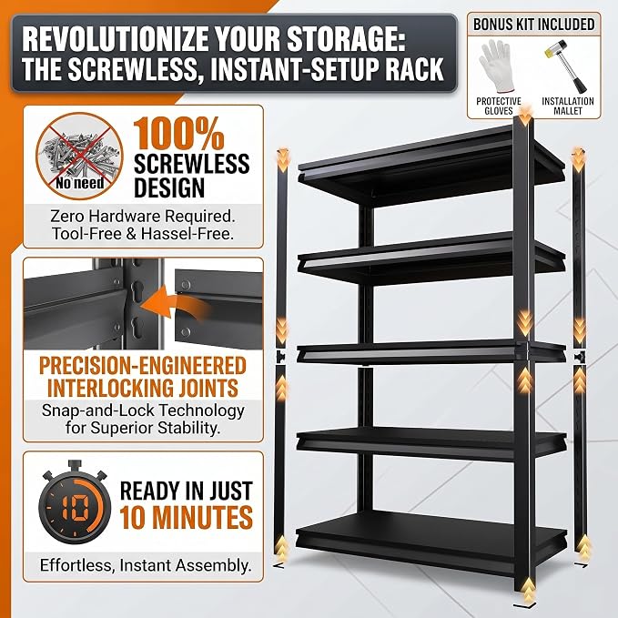 Garage Shelving, Heavy Duty Storage Shelves with Anti-Fall Rails | 2400 LBS metal shelving with Adjustable Industrial Steel Rack for garage, basement, pantry, kitchen and warehouse storage